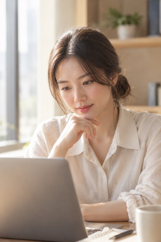 노트북 화면을 보며 미소 짓는 사람