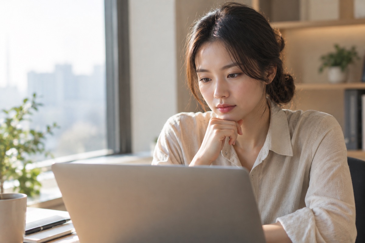 노트북 화면을 보며 생각에 잠긴 사람