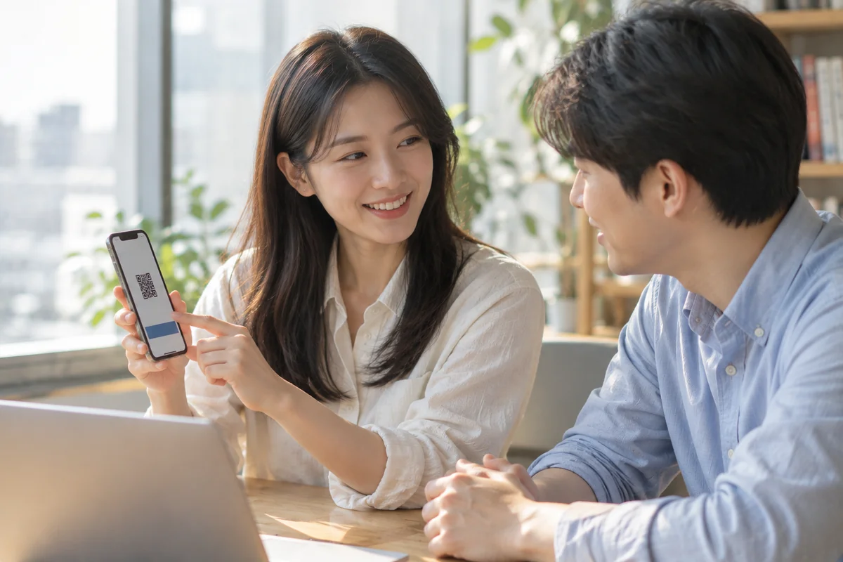 한 사람이 휴대폰의 QR 코드를 보여주며 다른 사람과 대화하는 모습