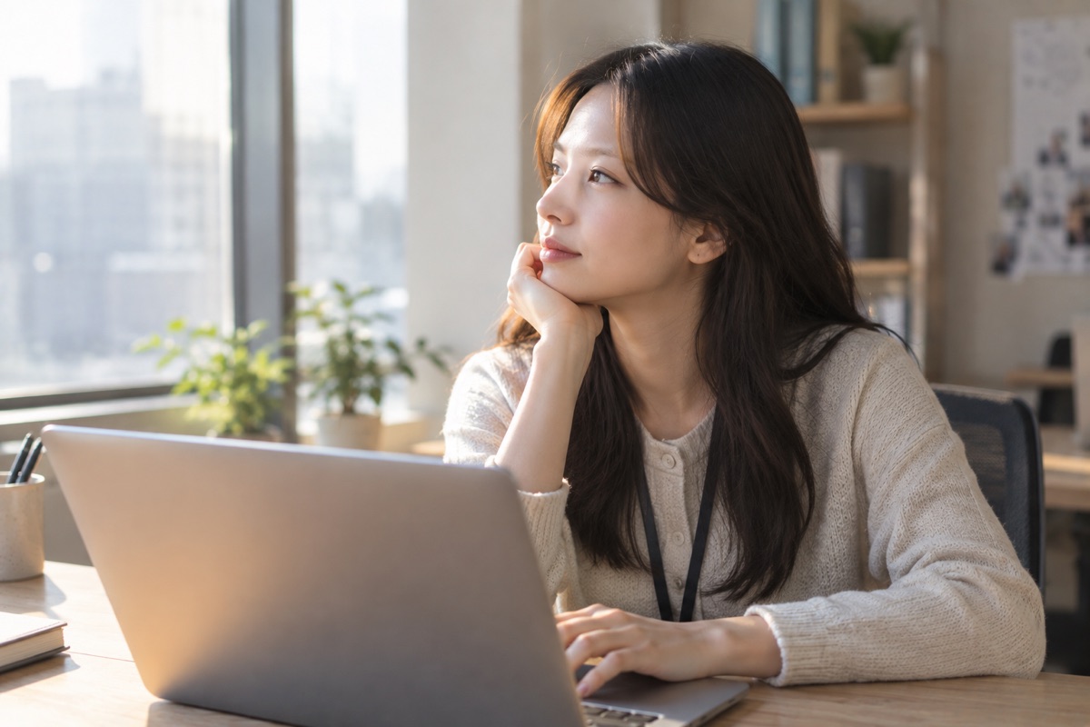 노트북 앞에서 창밖을 바라보며 생각에 잠긴 사람